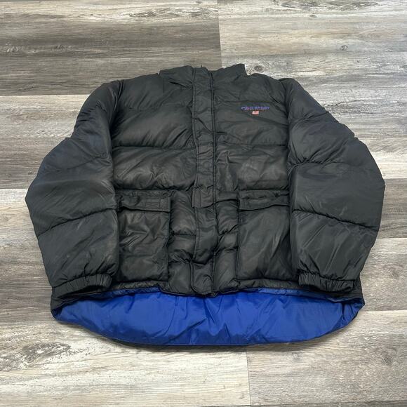 Vintage 90s Polo Sport Ralph Lauren Black Blue Mens XL Zip Up Down Puffer Jacket - Picture 1 of 13